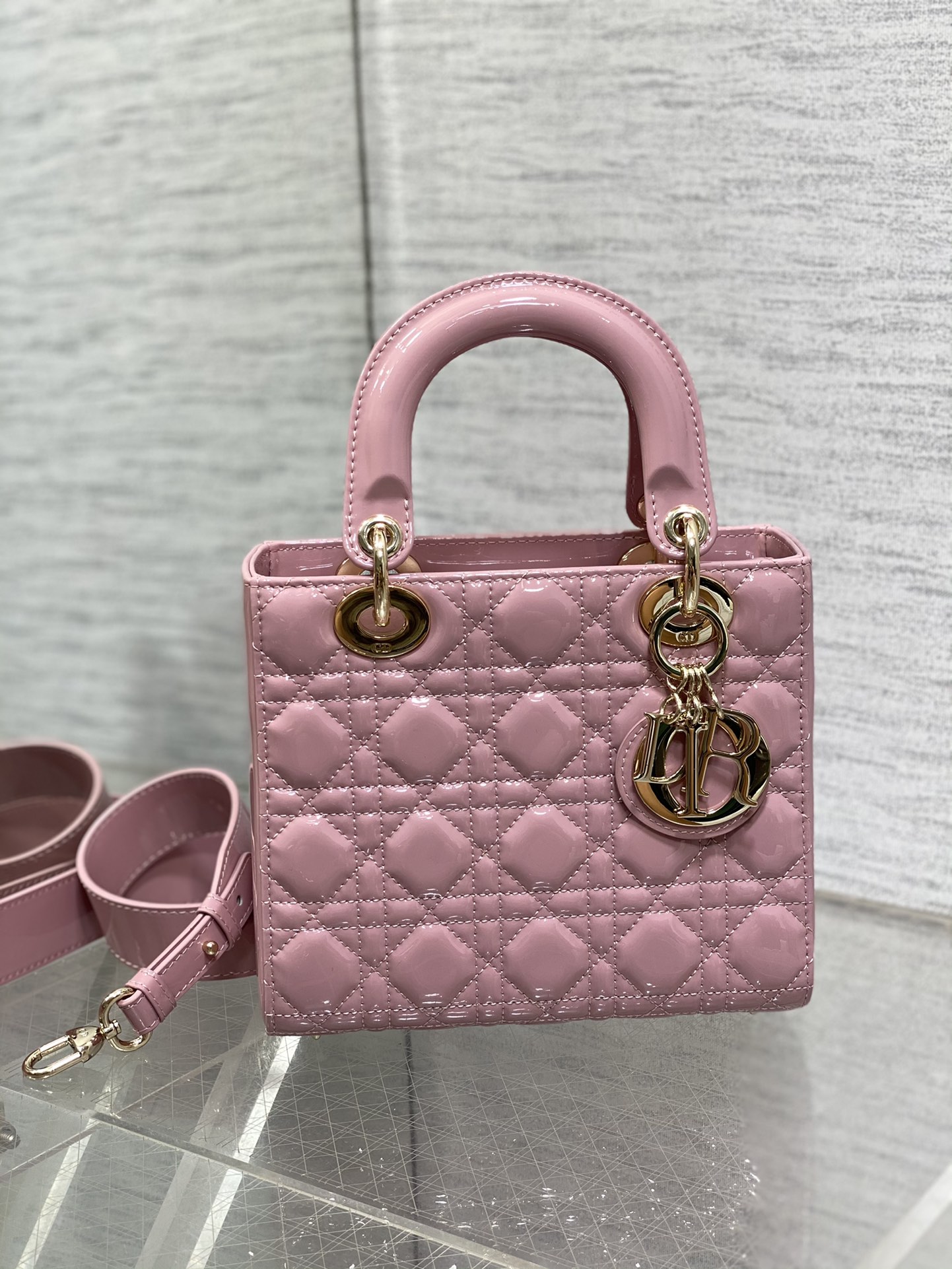 Small Lady Dior Bag Hydrangea Pink Patent Cannage Calfskin